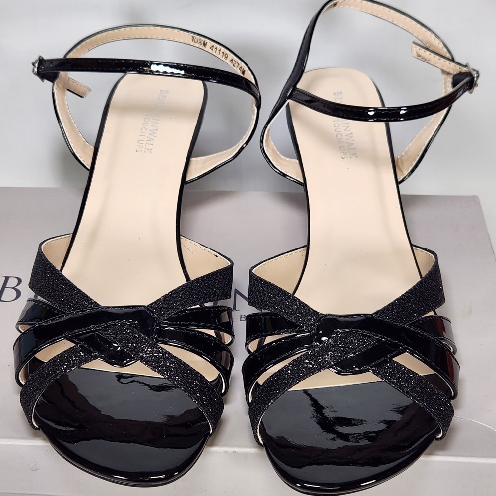 Benjamin Walk Touch Up Jane Black Glitter Patent Kitten Heel Sandals 10.5M 4274M - Picture 3 of 8
